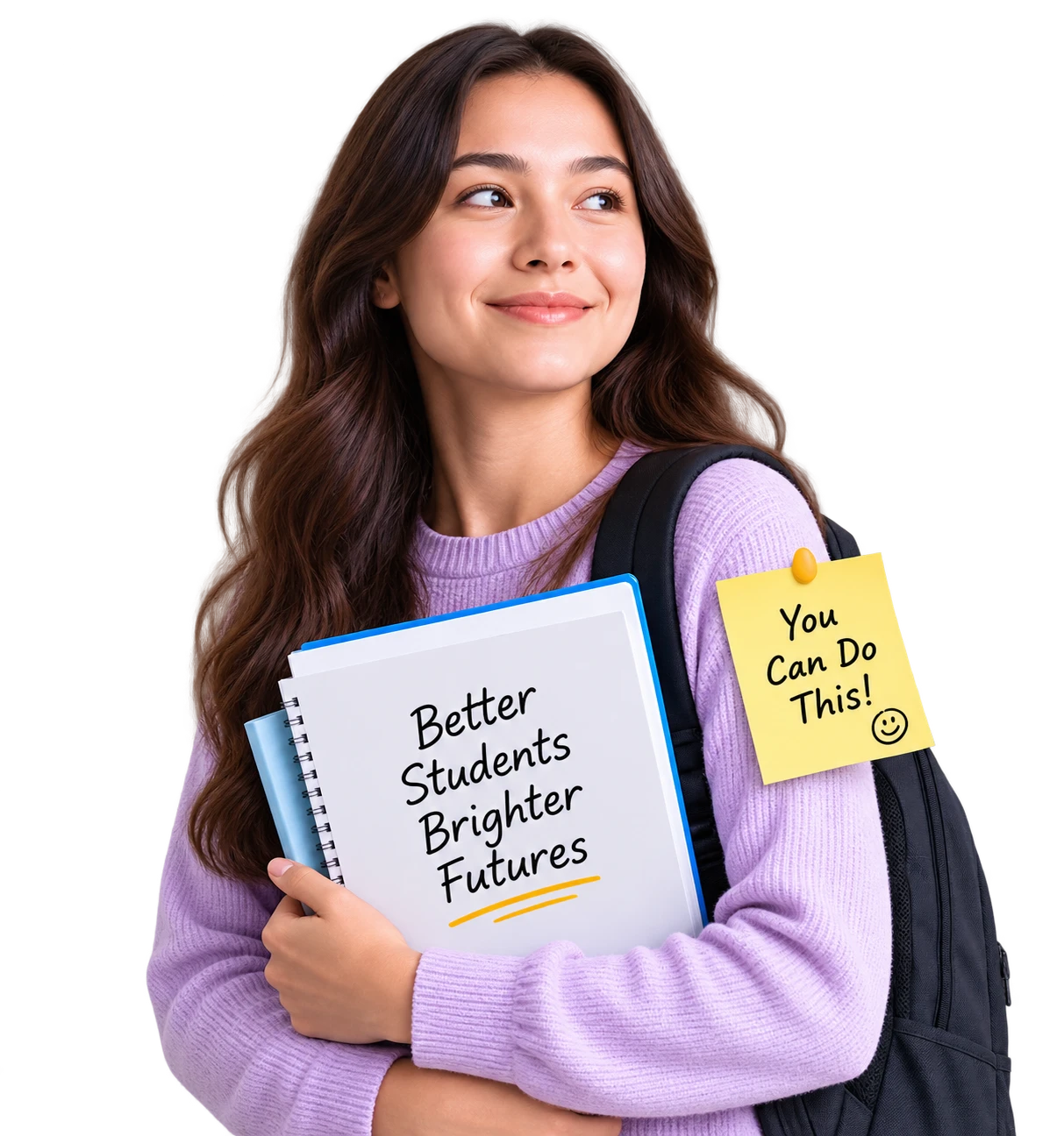 Happy student holding her notebook