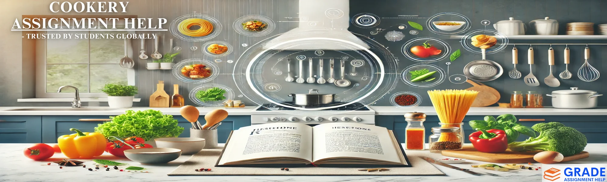 Modern kitchen setup with an open cookbook, fresh vegetables, spices, and kitchen utensils, representing professional cookery and culinary expertise.